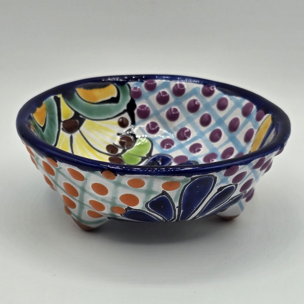 Mexican Talavera Pottery 3 Footed Salsa Trinket Bowl Green Blue‎ Orange Purple